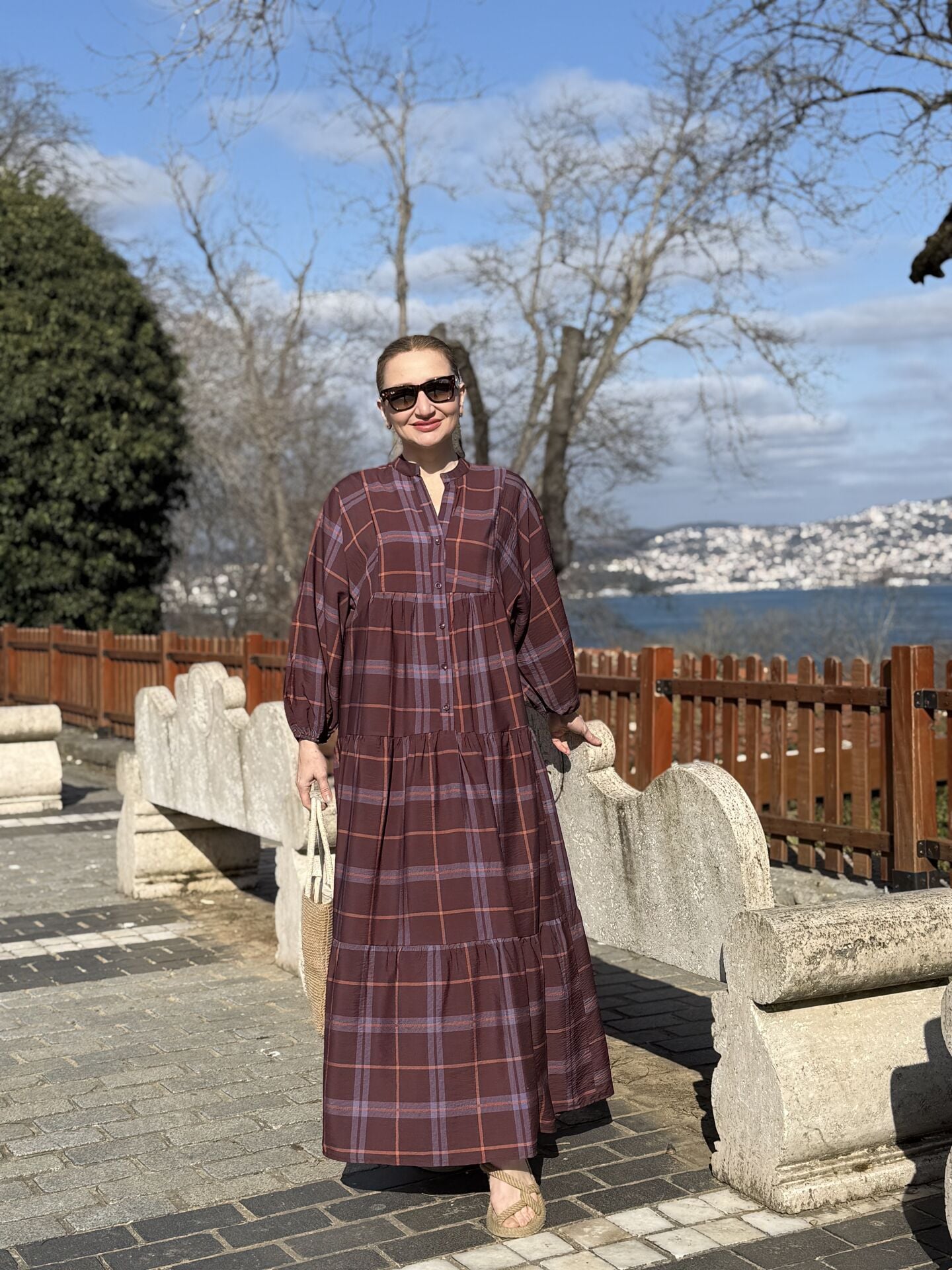 Ekose Mango katleya elbise Mürdüm-kahve