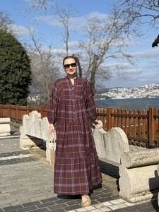 Ekose Mango katleya elbise Mürdüm-kahve