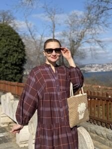 Ekose Mango katleya elbise Mürdüm-kahve