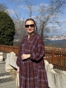 Ekose Mango katleya elbise Mürdüm-kahve