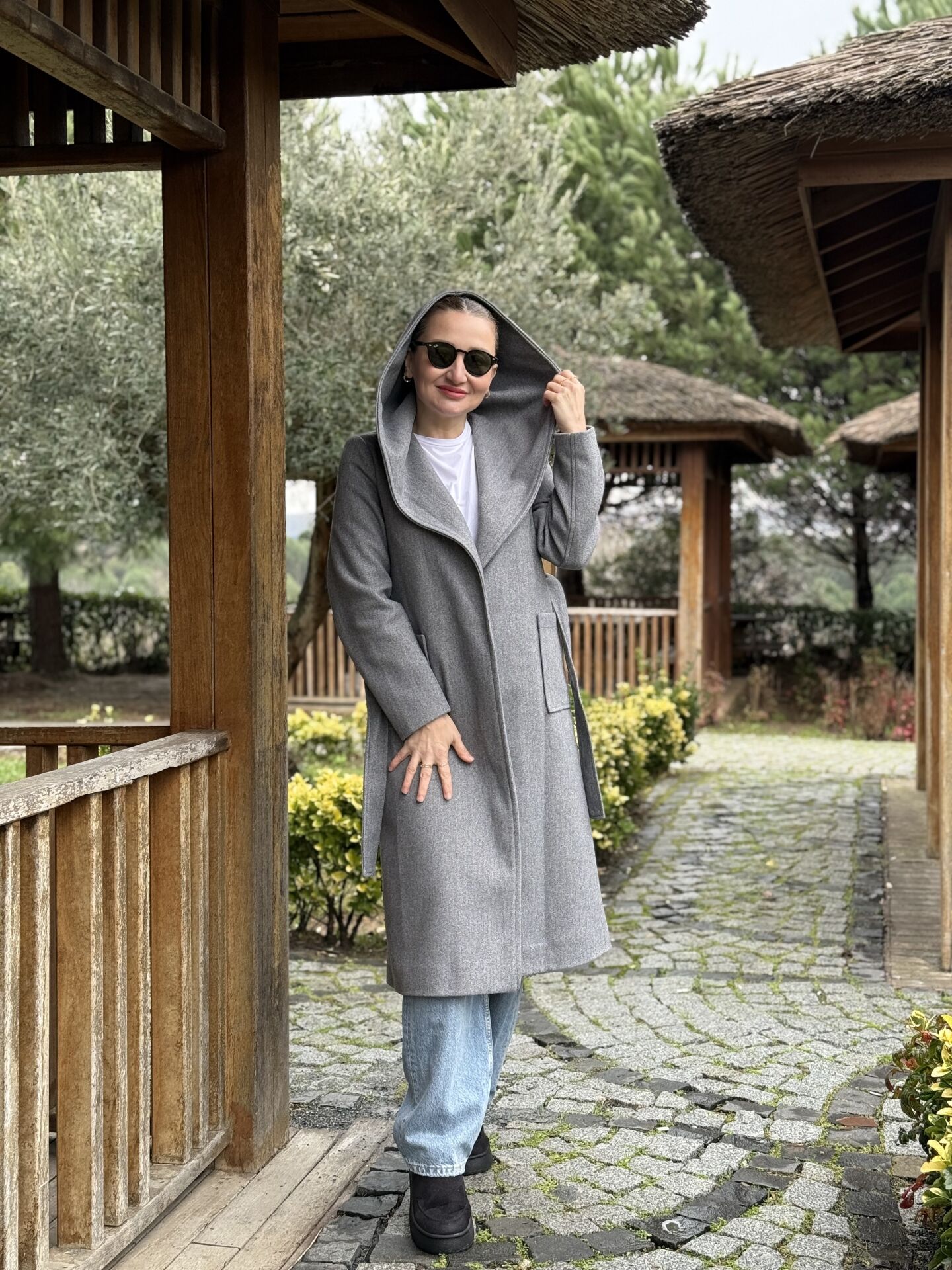 Kapüşonlu Kaşe Kaban gri