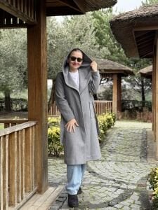 Kapüşonlu Kaşe Kaban gri