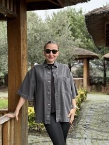 Orjinal cepli kısa kol füme kot gömlek