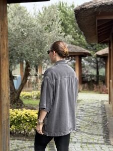 Orjinal cepli kısa kol füme kot gömlek