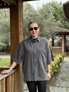 Orjinal cepli kısa kol füme kot gömlek