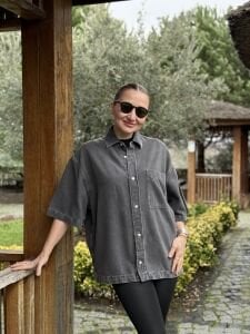 Orjinal cepli kısa kol füme kot gömlek