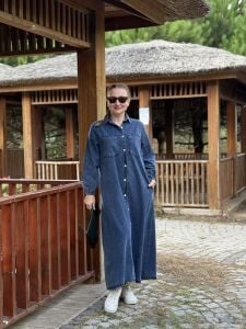 Tam düğmeli kot elbise mavi