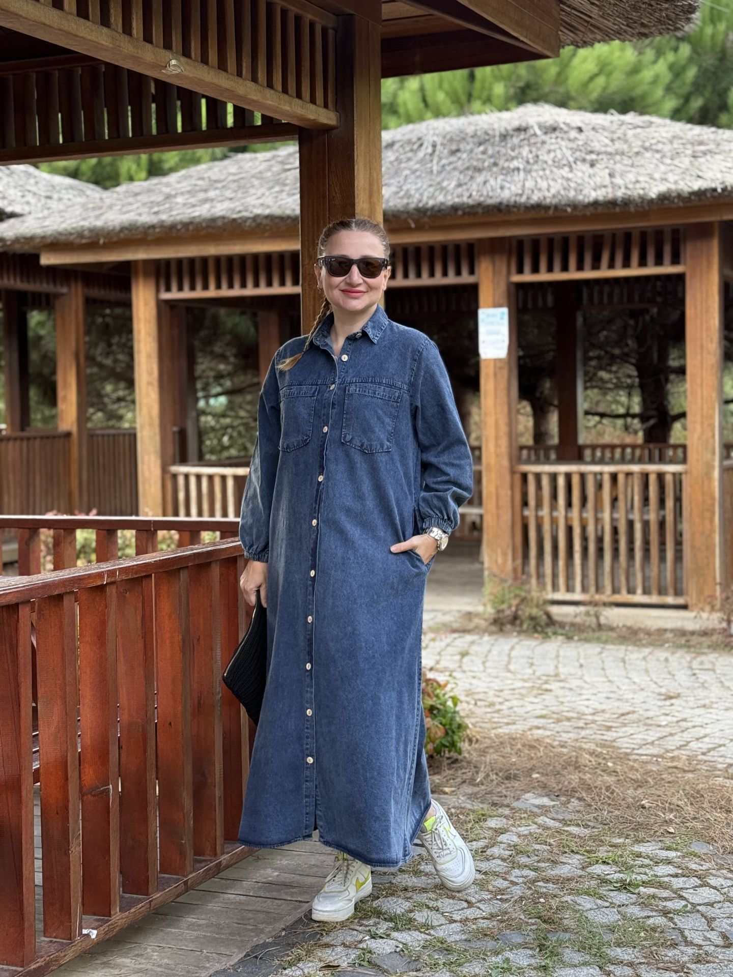 Tam düğmeli kot elbise mavi