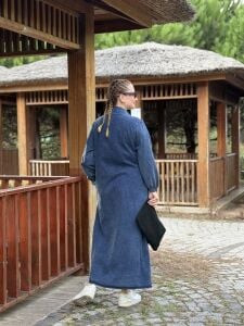 Tam düğmeli kot elbise mavi