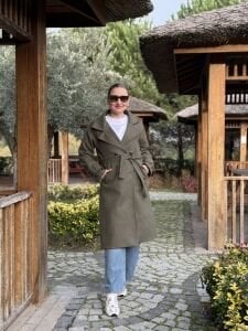 Astarlı Kuşaklı Kaşe Kaban Haki