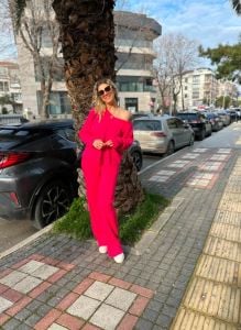 Fuşya triko fitilli takım