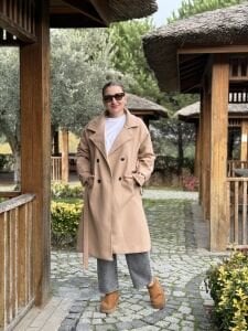 Astarlı Kuşaklı Kaşe Kaban Bej