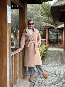 Astarlı Kuşaklı Kaşe Kaban Bej