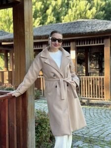 Astarlı Kuşaklı Kaşe Kaban Bej