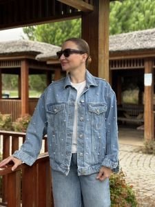 Orjinal BDG Taşlı-İncili Mavi kot ceket