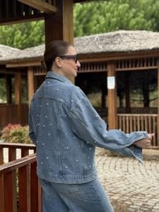 Orjinal BDG Taşlı-İncili Mavi kot ceket