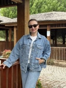 Orjinal BDG Taşlı-İncili Mavi kot ceket