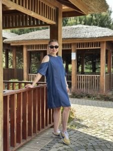 Orjinal marka omuz detaylı tensel kot elbise