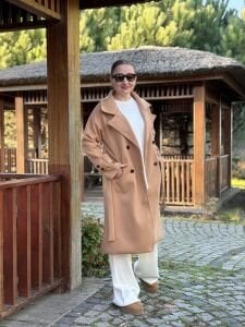 Astarlı Kuşaklı Kaşe Kaban Camel