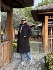 Astarlı Kuşaklı Kaşe Kaban Siyah