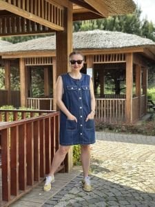 Orjinal marka düğme detaylı kot elbise laci