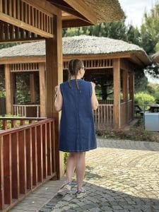 Orjinal marka düğme detaylı kot elbise laci