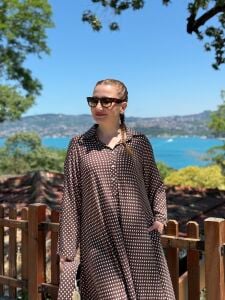 Puantiye Kemerli Viskon cepli elbise Kahve