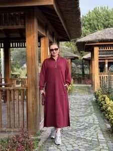 Bordo kemerli ceylo elbise