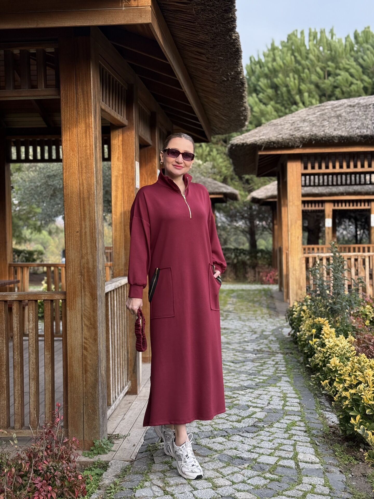 Bordo kemerli ceylo elbise