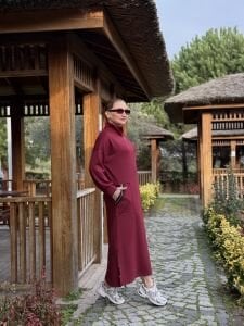 Bordo kemerli ceylo elbise