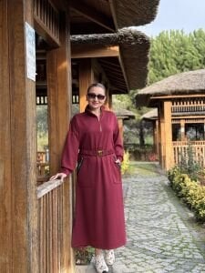 Bordo kemerli ceylo elbise