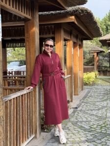 Bordo kemerli ceylo elbise