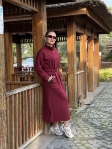 Bordo kemerli ceylo elbise