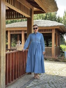 Tensel kot kuşaklı elbise Açık Mavi