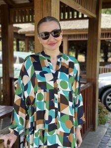 Yeşil pamuk saten katleya elbise