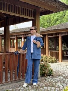 Star Kürklü Kemerli denim takım mavi