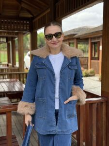 Star Kürklü Kemerli denim takım mavi