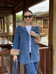 Star Kürklü Kemerli denim takım mavi