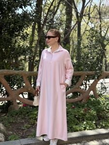 SOFT Gömlek yaka Tensel elbise Tozpembe