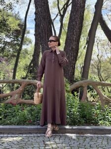 A.akay taş işlemeli keten elbise kahve (6109)