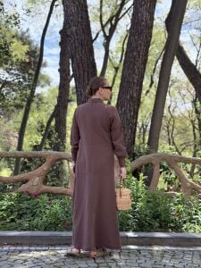 A.akay taş işlemeli keten elbise kahve (6109)