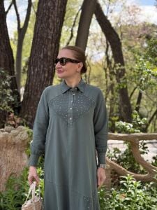 A.akay taş işlemeli keten elbise haki (6109)