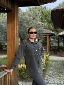 Antrasit tek cep taşlı Kot gömlek