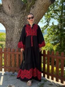 Malta siyah-kırmızı katleya viskon elbise