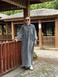 Liya fermuarlı kot elbise gri