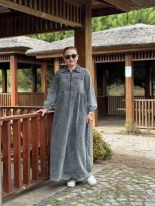 Liya fermuarlı kot elbise gri