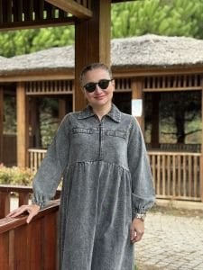 Liya fermuarlı kot elbise gri