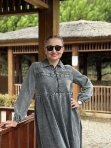 Liya fermuarlı kot elbise gri