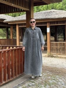 Liya fermuarlı kot elbise gri