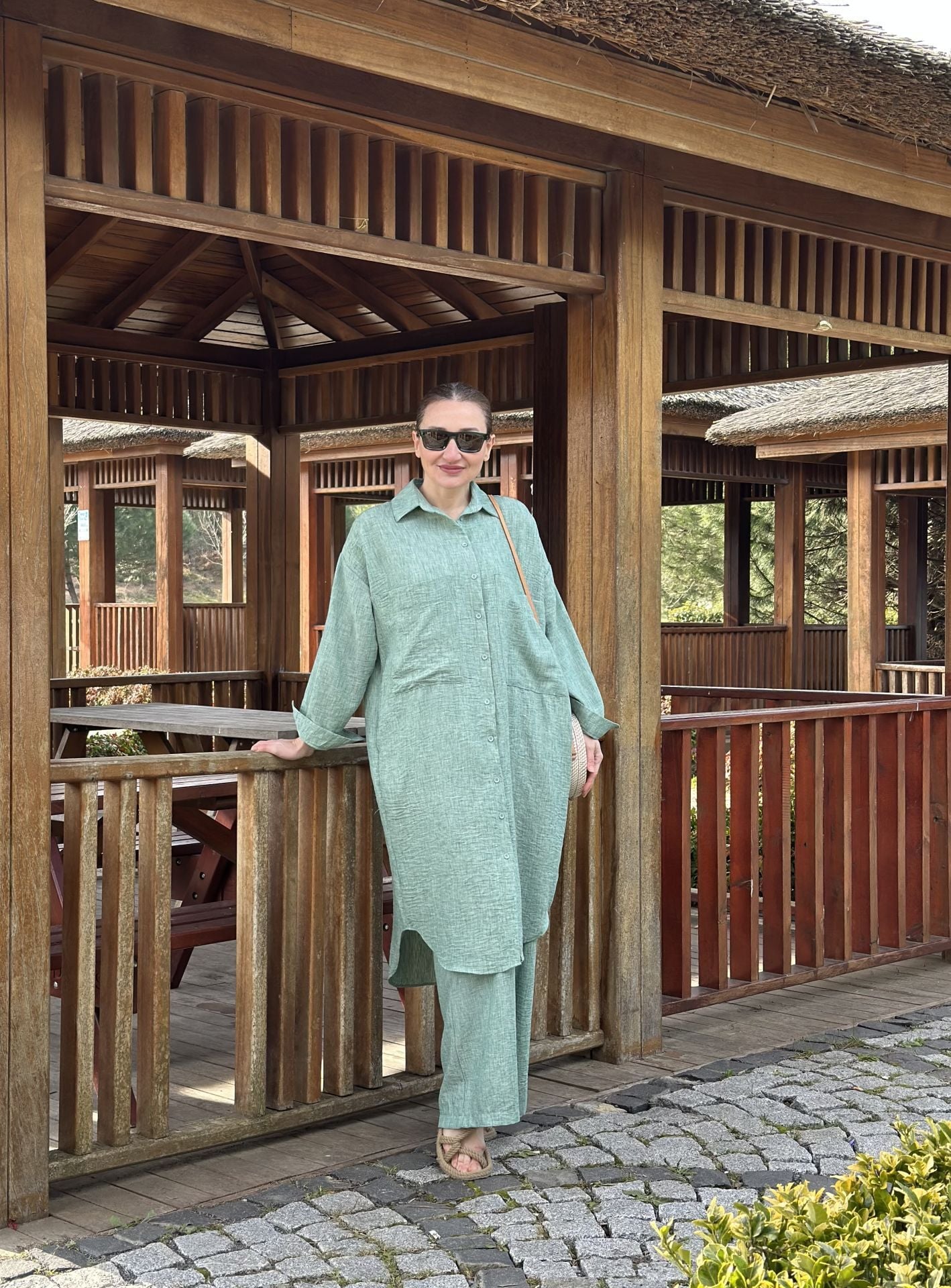 Pamuk-Keten oversize Takım Mint yeşil